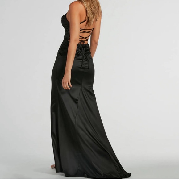 Formal Satin Lace-Up Mermaid Dress, Black - Picture 6 of 6